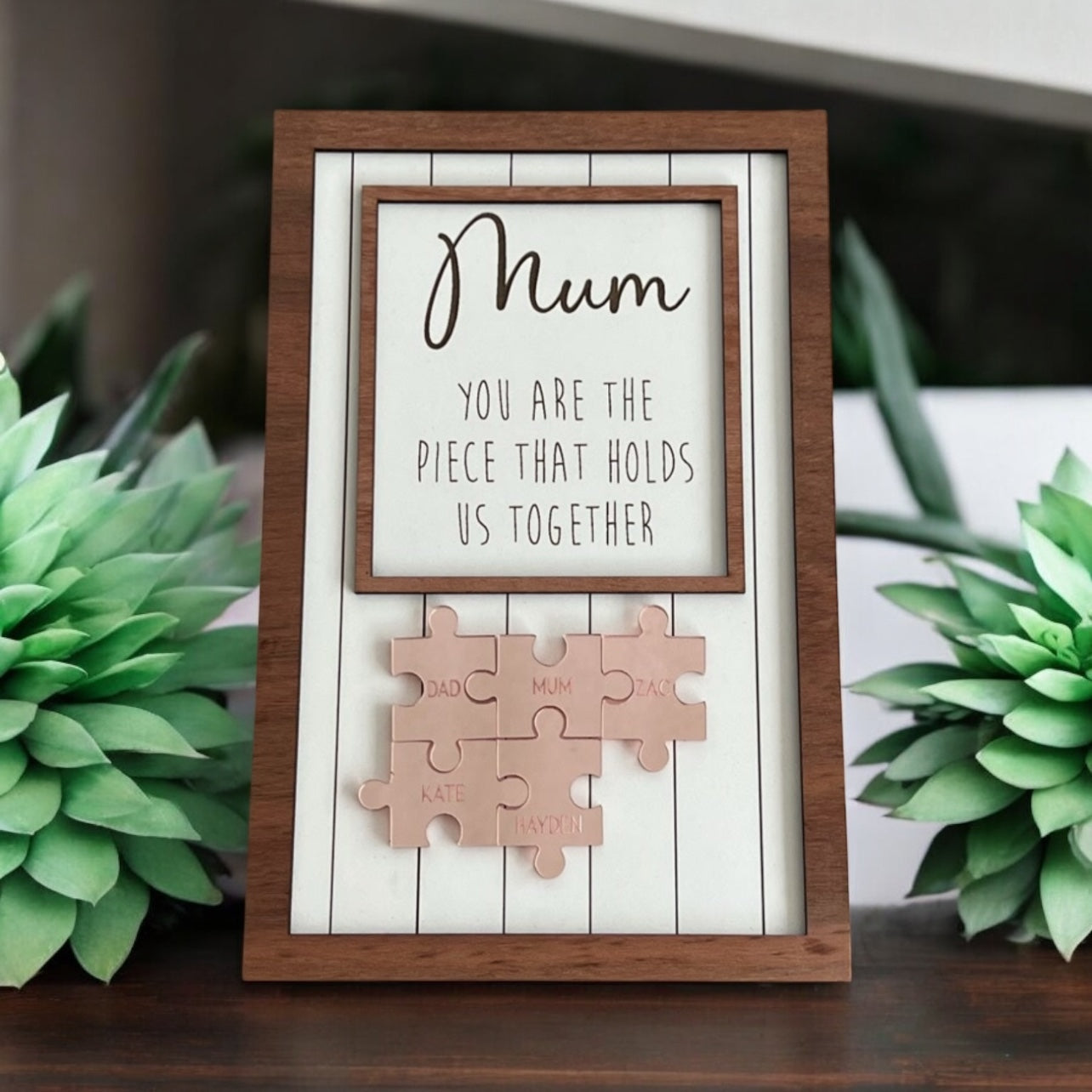 Personalised Mum frame Gold or Rose gold Jigsaw pieces Wood frame mothers day gift