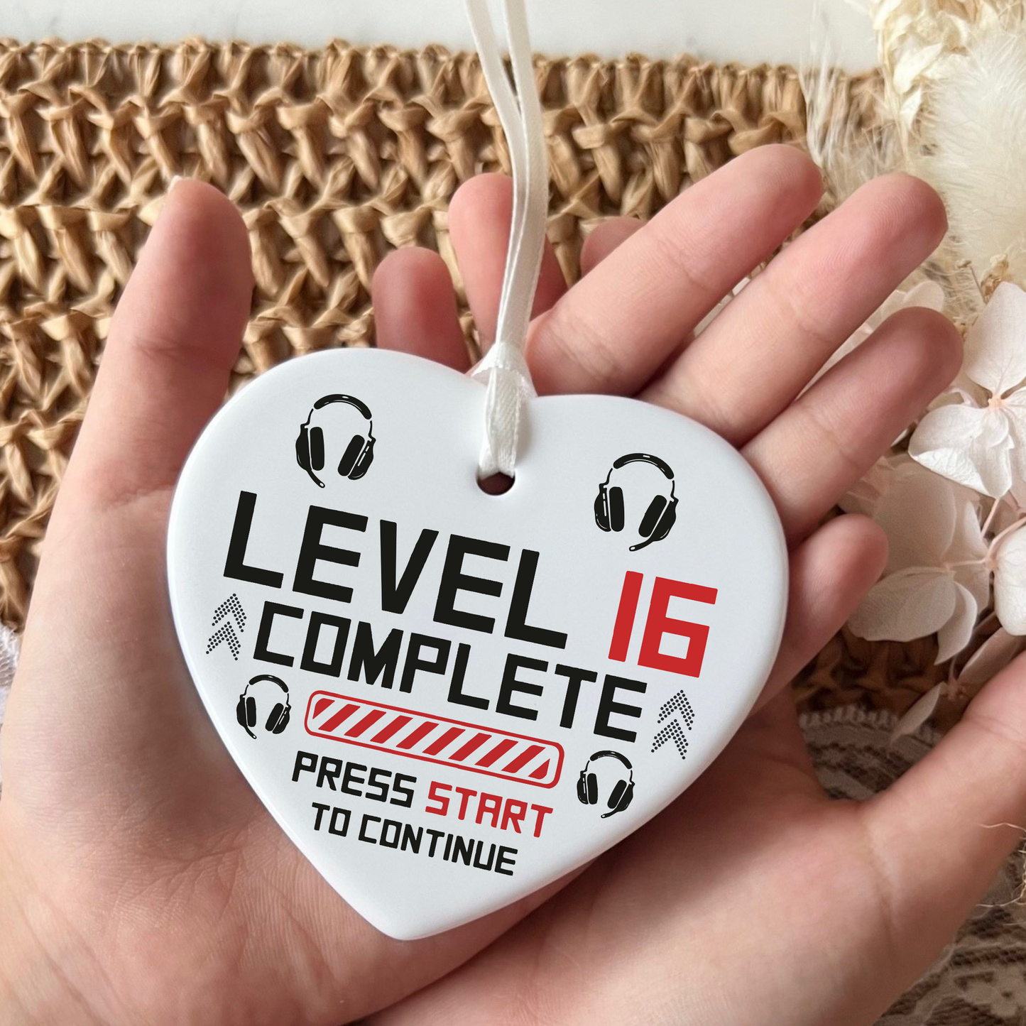 16th Birthday
sixteen
Ceramic Heart
Unique Keepsake
Special Gift
Gamer Gift
Milestone Celebration
Personalized Keepsake
Fun Birthday Gift
Gaming Enthusiast
Heart-Shaped Ornament