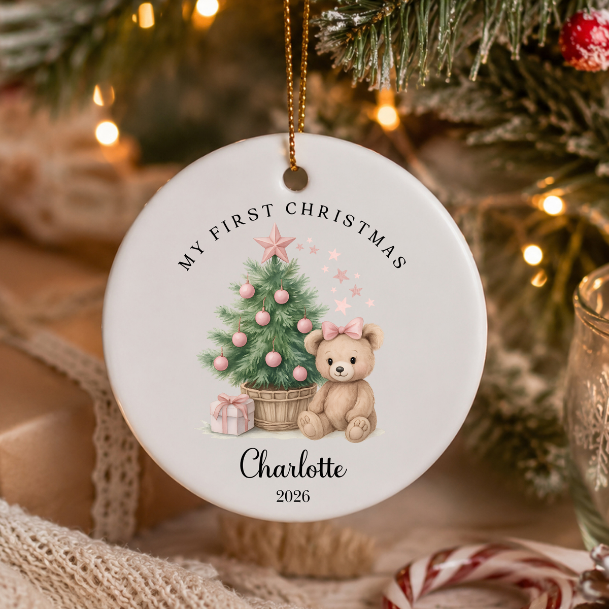 Personalised "My First Christmas" Christmas Tree Teddy Bear Ceramic Ornament | Custom Baby Keepsake Gift