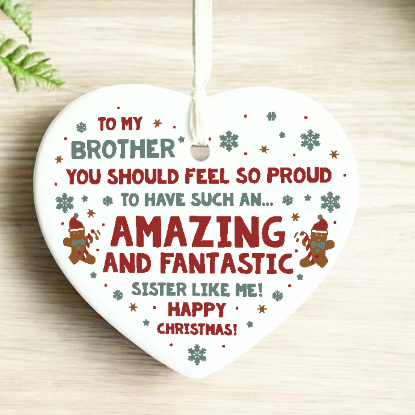 Funny Brother Christmas Ceramic Heart Ornament – Amazing Sister Gift Keepsake Decoration