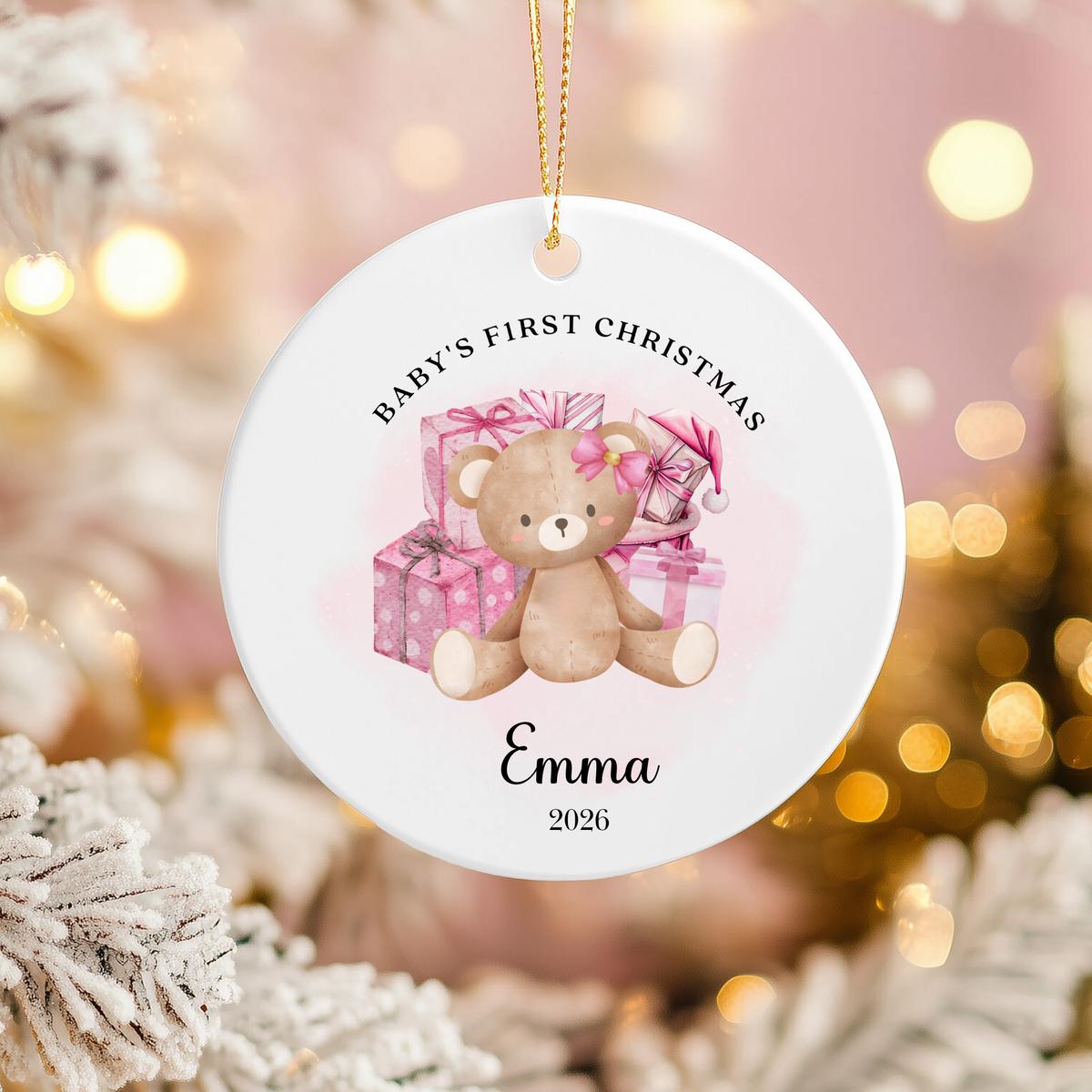 Personalised "Baby's First Christmas" Pink Teddy Bear Ceramic Ornament | Custom Baby Keepsake Gift