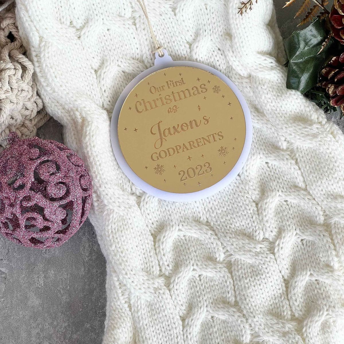 Our First Christmas as Godparents Personalised Double Layer Ornament | Xmas Gifts for New Godparents | Custom Acrylic engraved ornament