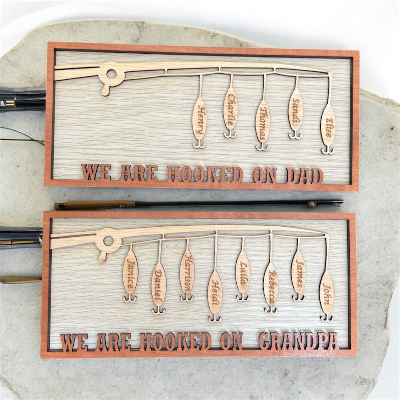 Hooked on Dad / Grandpa Personalised engraved wood plaque fishing frame