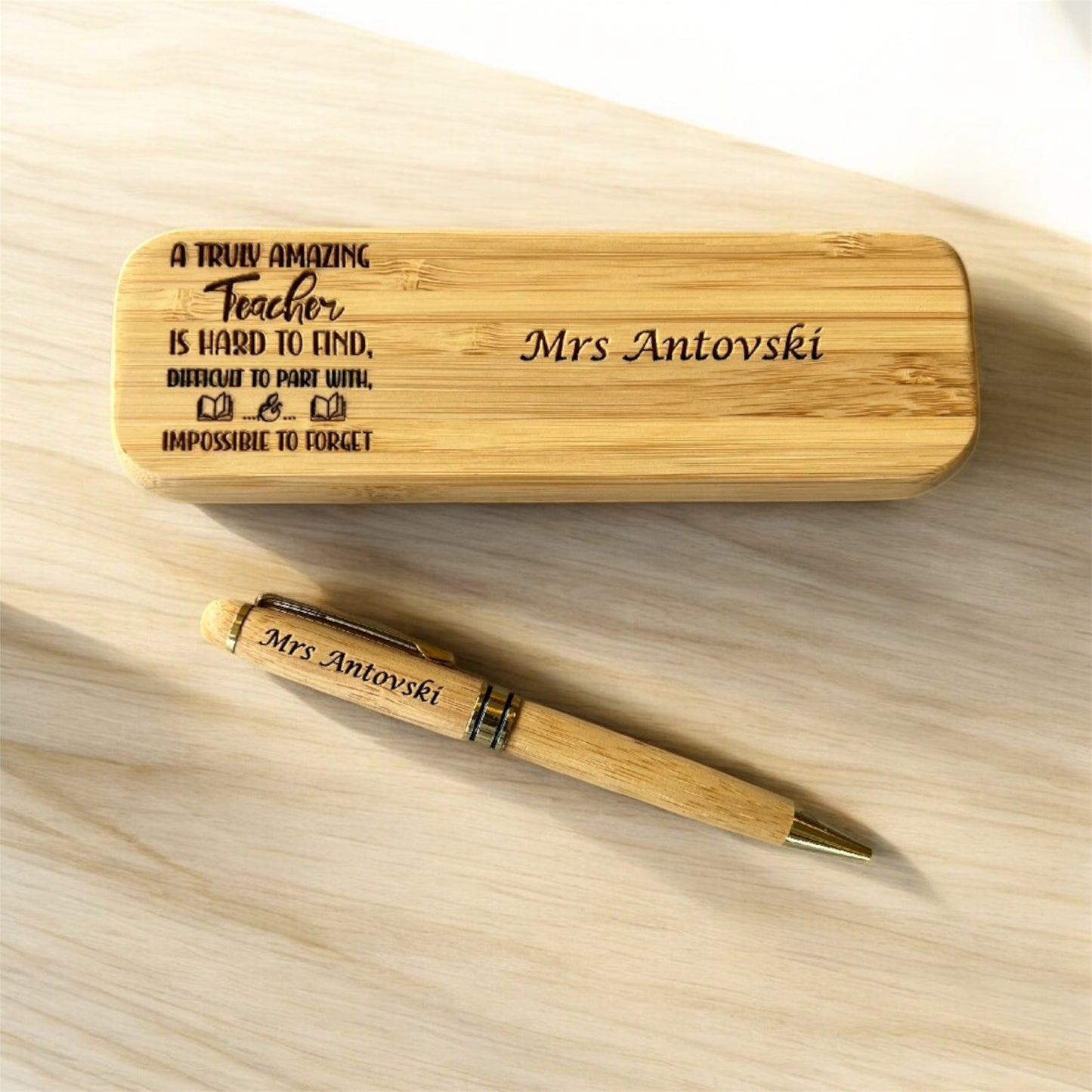 Teachers Gift Bamboo Engraved ball point black pen and case set Great gift Idea