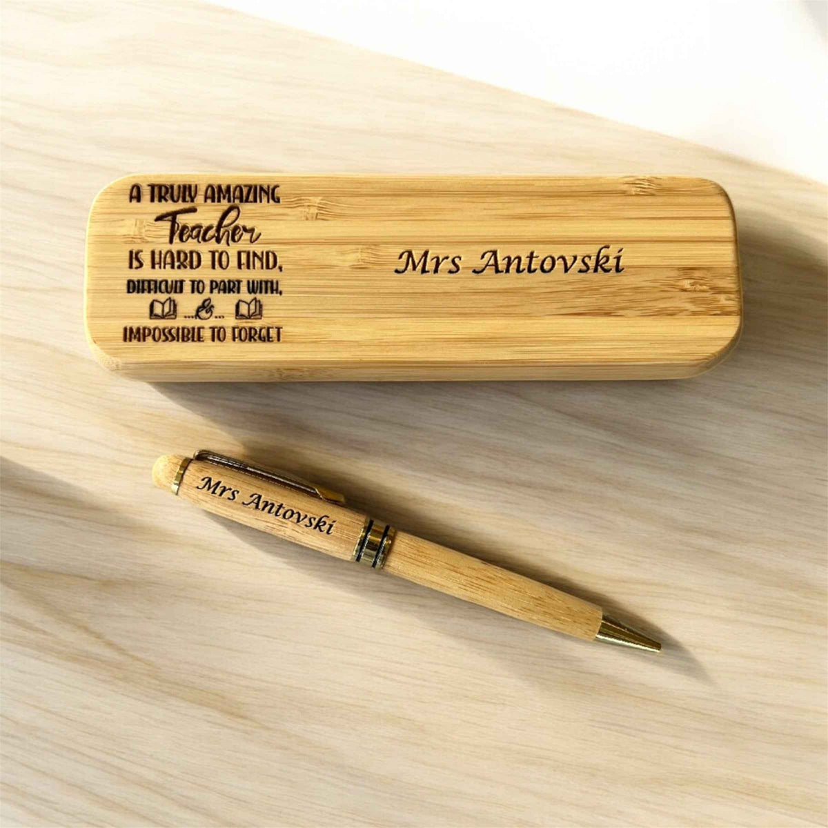 Teachers Gift Bamboo Engraved ball point black pen and case set Great gift Idea