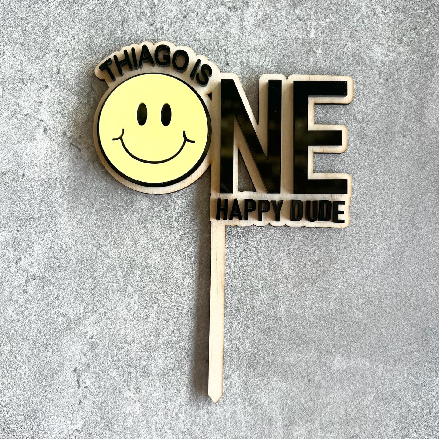 One Happy Dude Personalised Cake Topper Smile face Wood and acrylic