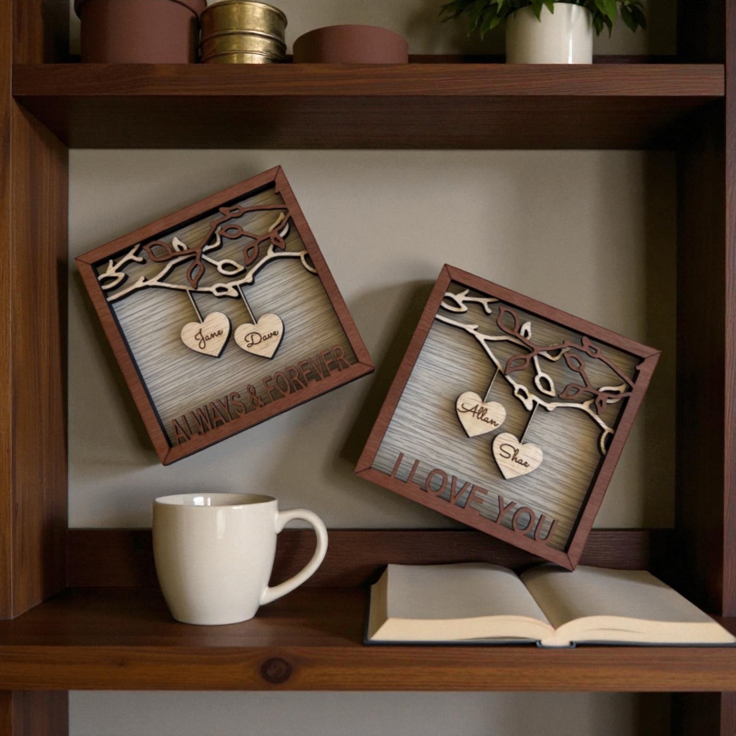 Couples Personalised engraved heart frames with mini easel