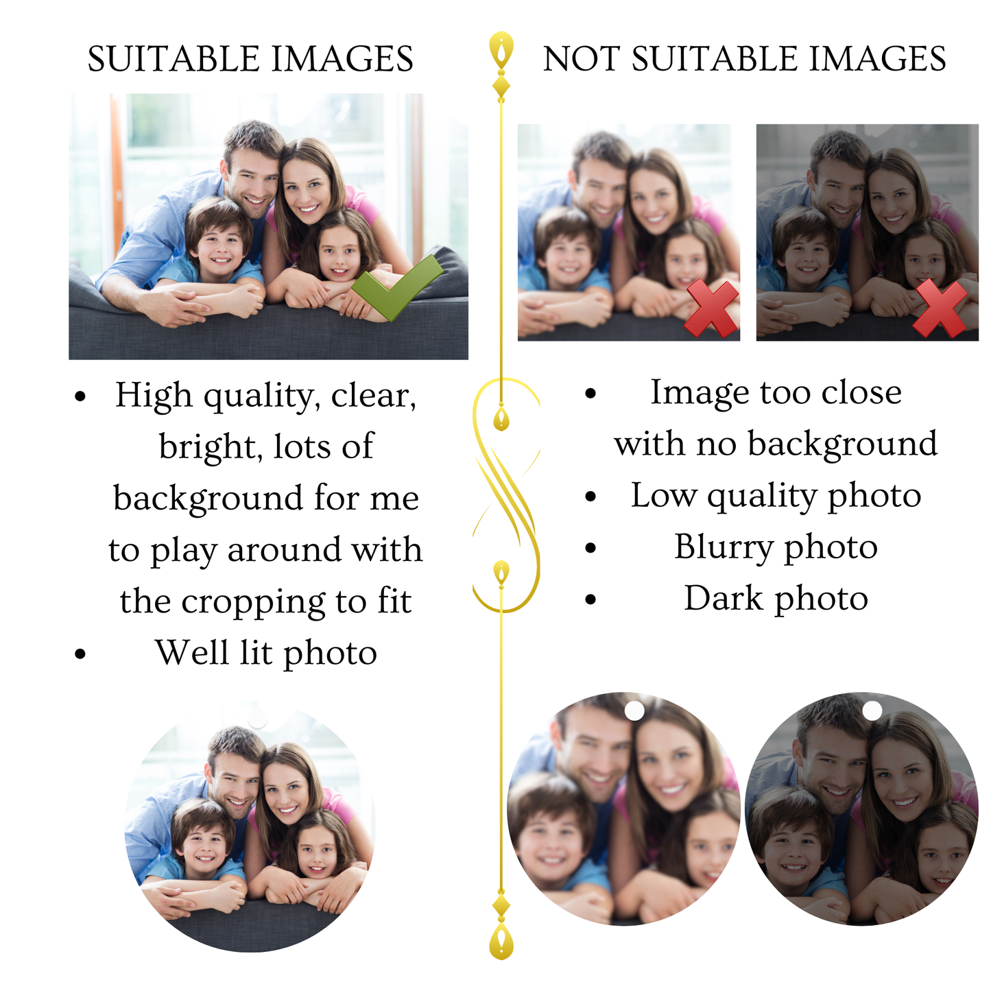 Infographic guide showing suitable and unsuitable photo examples for a custom print order