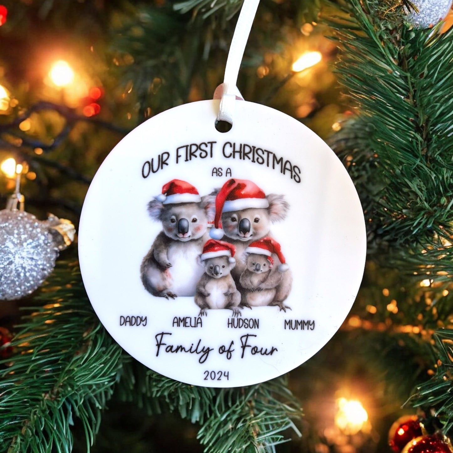 First Christmas as a family of 4 personalised ornament koala themed acrylic