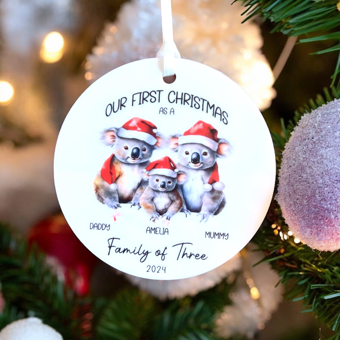 First Christmas as a family of 3 personalised ornament koala themed acrylic