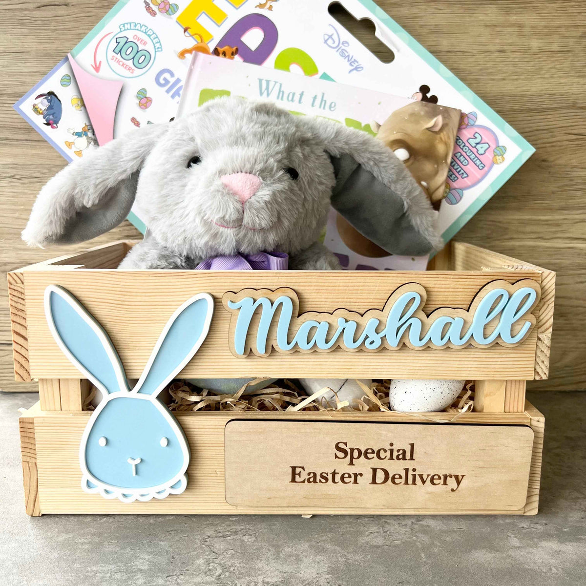 Personalised Kids Easter Crate | Custom Wooden Easter Delivery Box | Engraved Name Crate with Interchangeable Bunny | Kids Easter Gift Basket