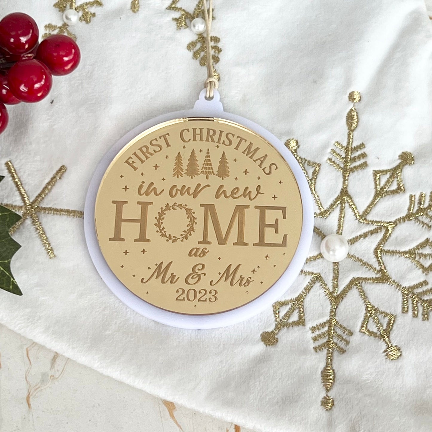 Our First Christmas in our new home ornament as Mr and Mrs