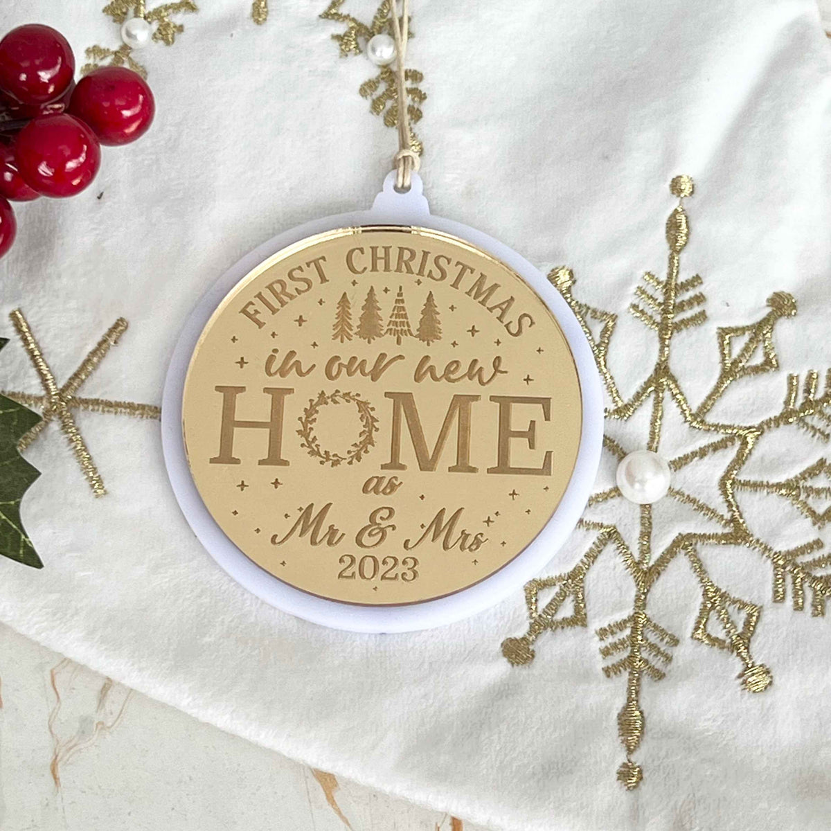 Our First Christmas in our new home ornament as Mr and Mrs