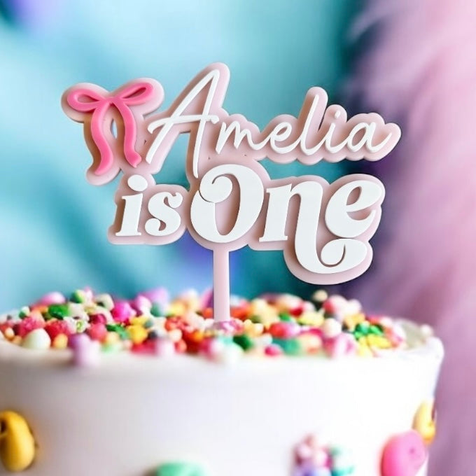 First Birthday Cake Topper | Double layer acrylic | Personalised with bow