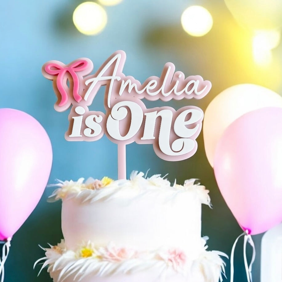 First Birthday Cake Topper | Double layer acrylic | Personalised with bow