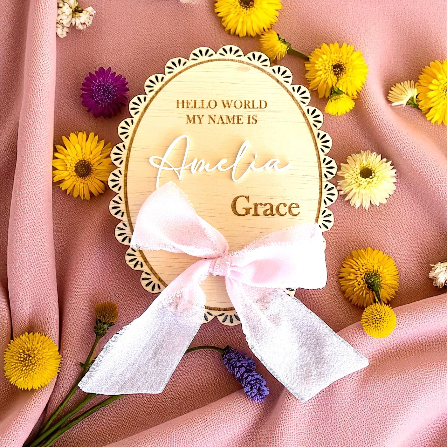 Personalised Baby Name Plaque – Wooden Scalloped Sign with Ribbon