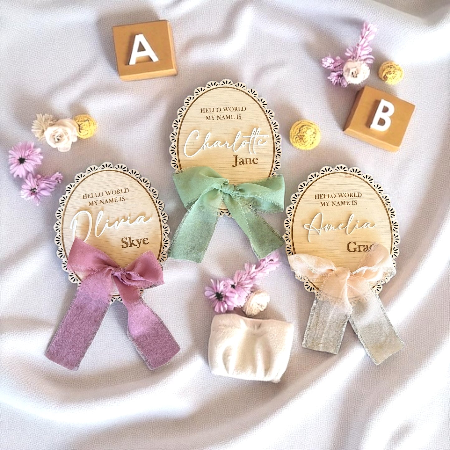 Personalised Baby Name Plaque – Wooden Scalloped Sign with Ribbon