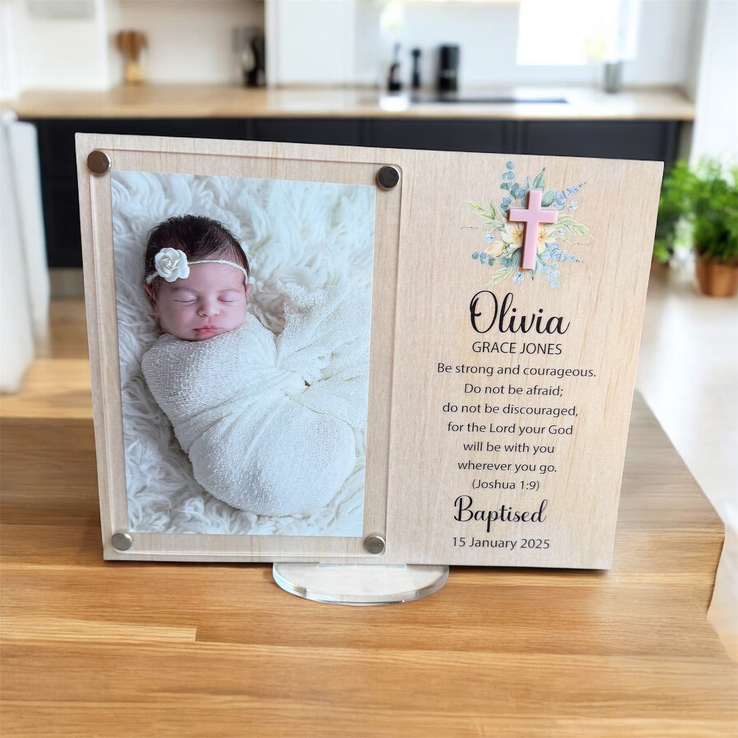 personalised baptism gift, christening photo frame, holy communion keepsake, baptism frame for baby, christian baby gift, bible verse photo frame, engraved baptism frame, custom christening gift, religious keepsake frame, wooden acrylic frame, baptism photo keepsake, personalised baby gift, first holy communion frame
