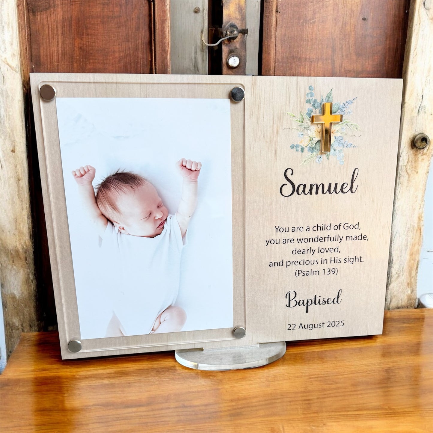 personalised baptism gift, christening photo frame, holy communion keepsake, baptism frame for baby, christian baby gift, bible verse photo frame, engraved baptism frame, custom christening gift, religious keepsake frame, wooden acrylic frame, baptism photo keepsake, personalised baby gift, first holy communion frame