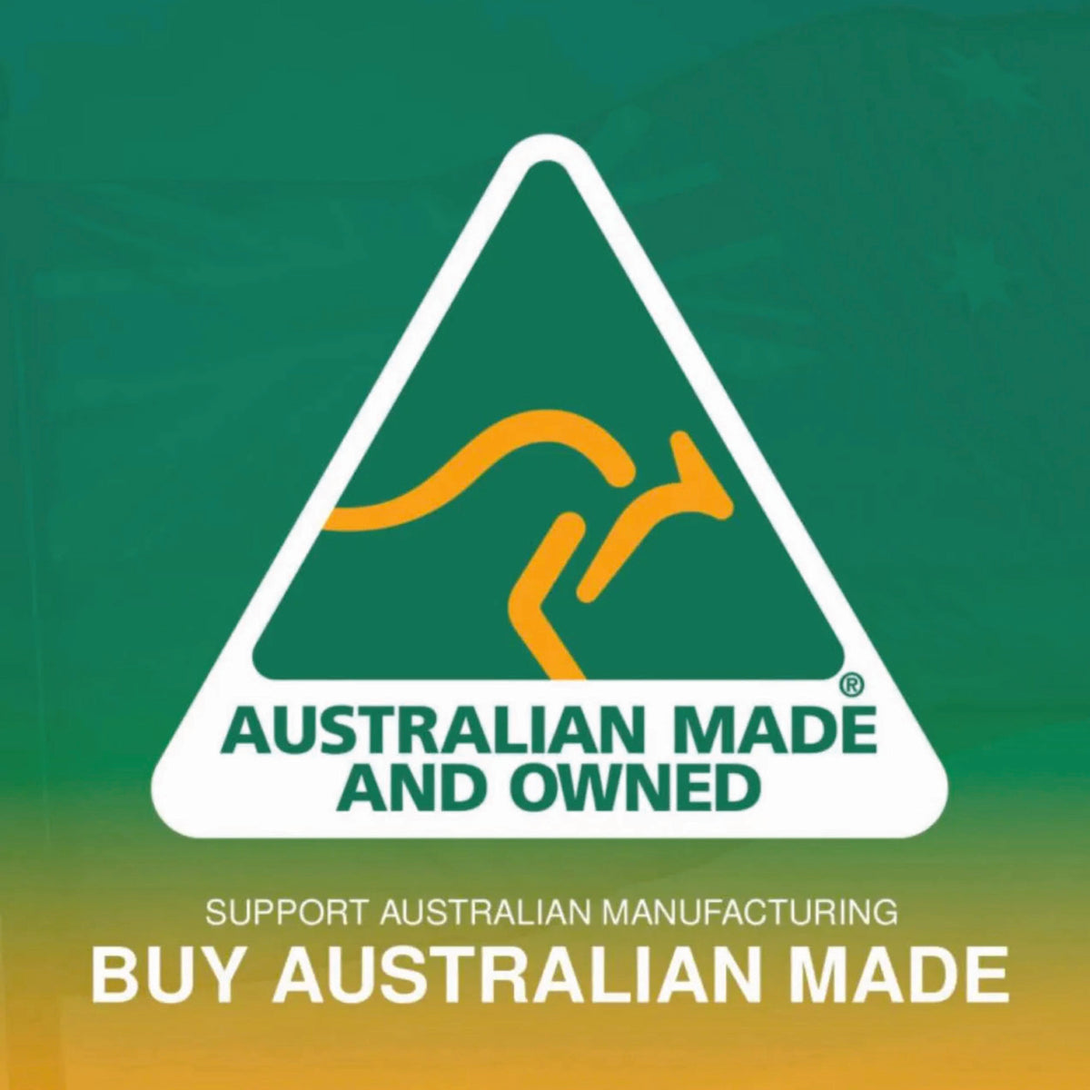 Logo with a kangaroo design on a green background, promoting 'Australian Made and Owned'.