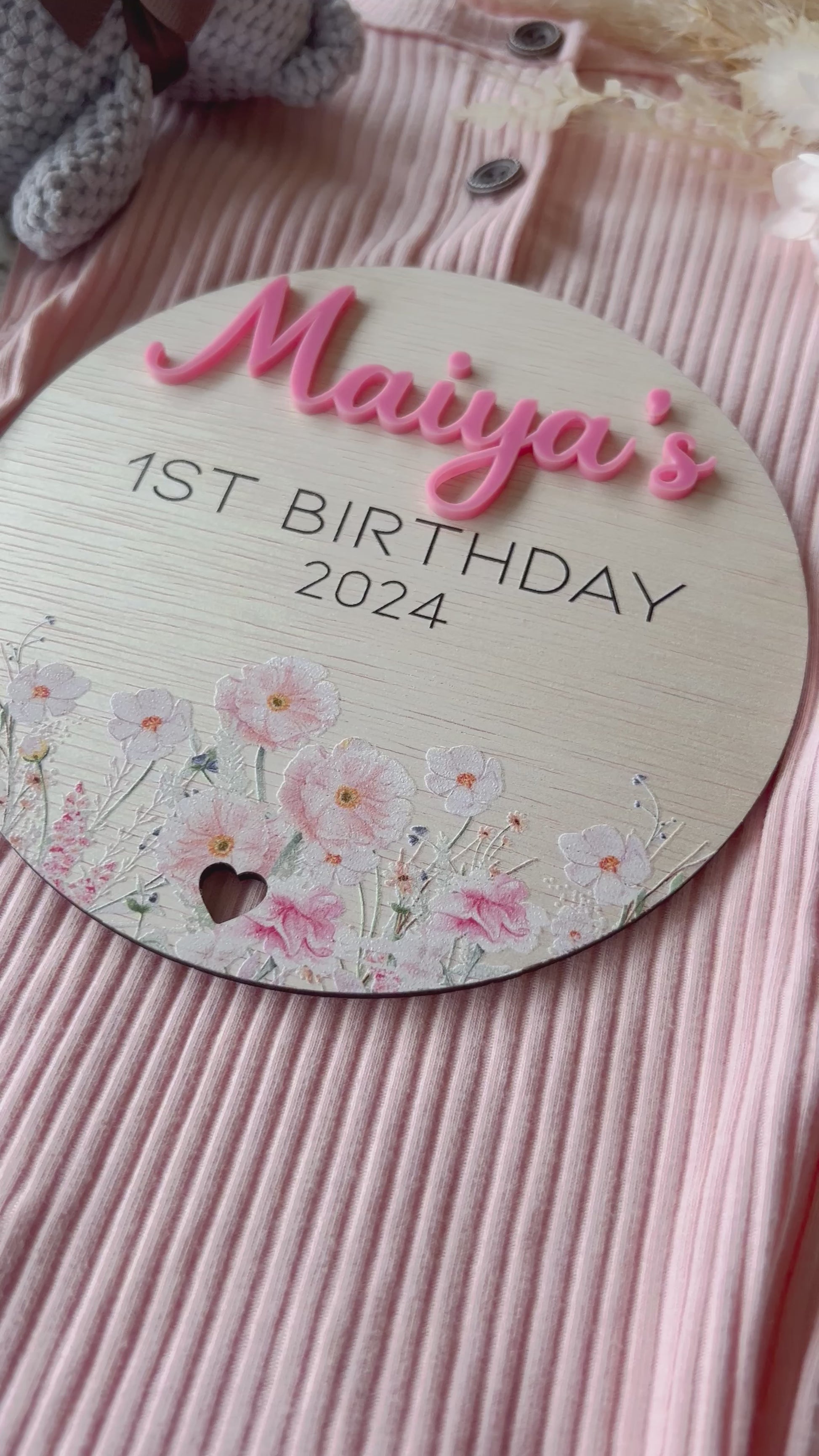 Personalised First birthday plaque photo prop wild flowers