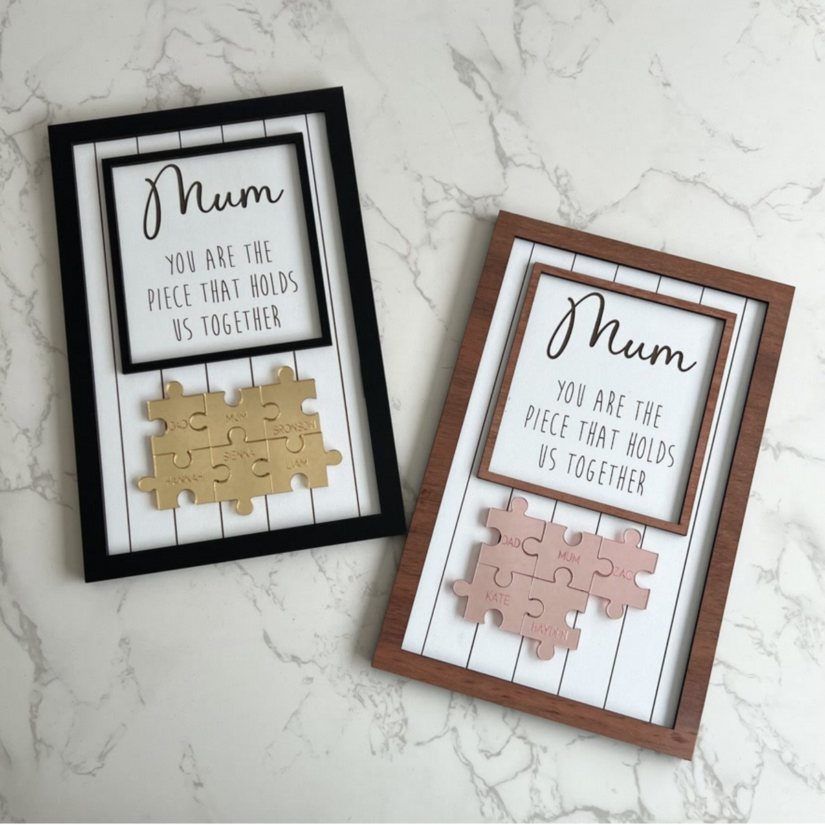 Personalised Mum frame Gold or Rose gold Jigsaw pieces Wood frame mothers day gift