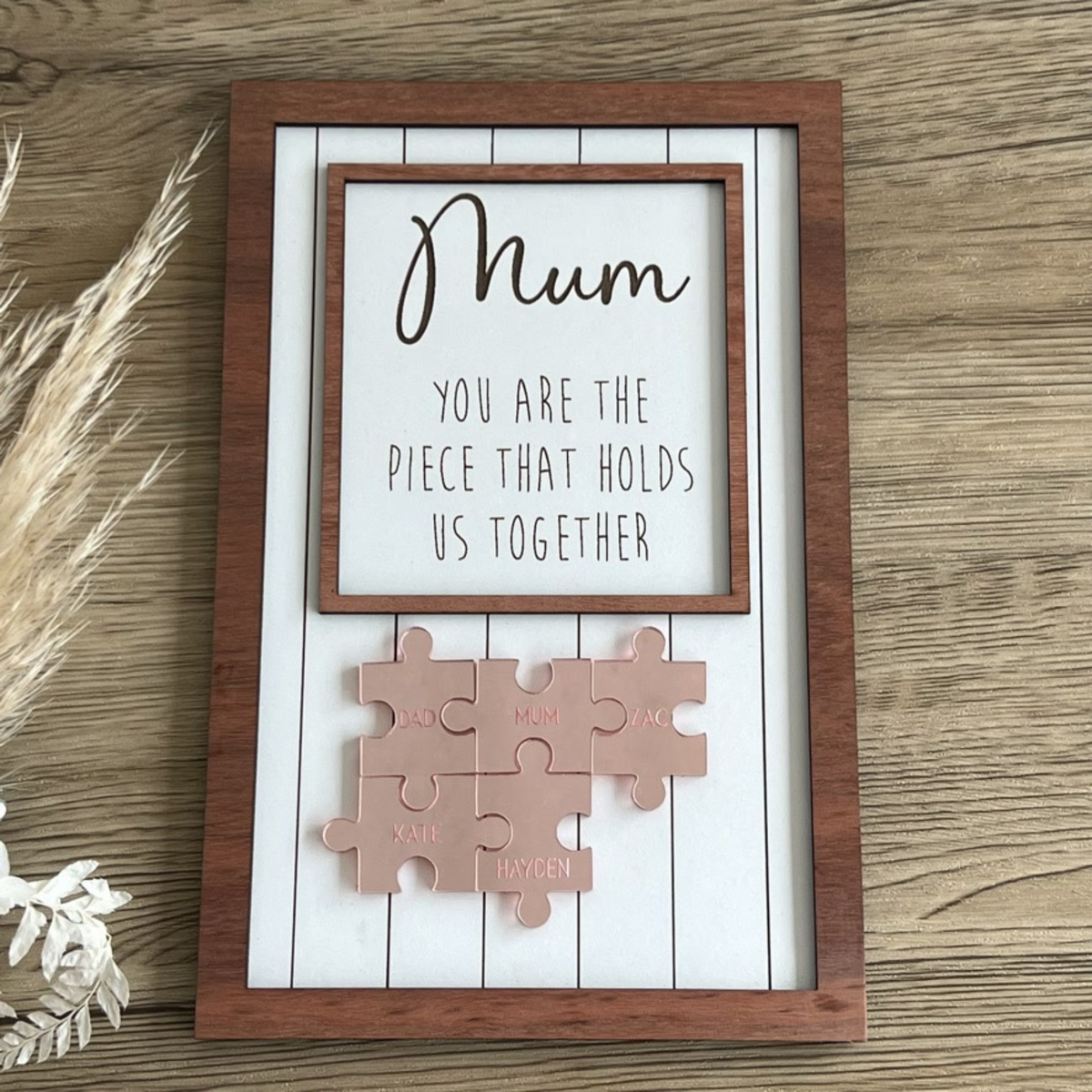 Personalised Mum frame Gold or Rose gold Jigsaw pieces Wood frame mothers day gift