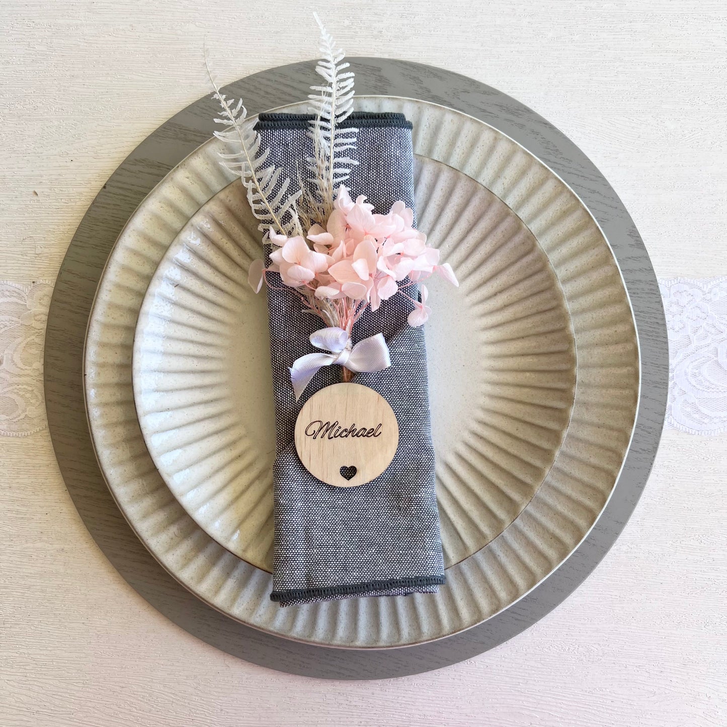 Rustic wood round wedding table place cards engraved
