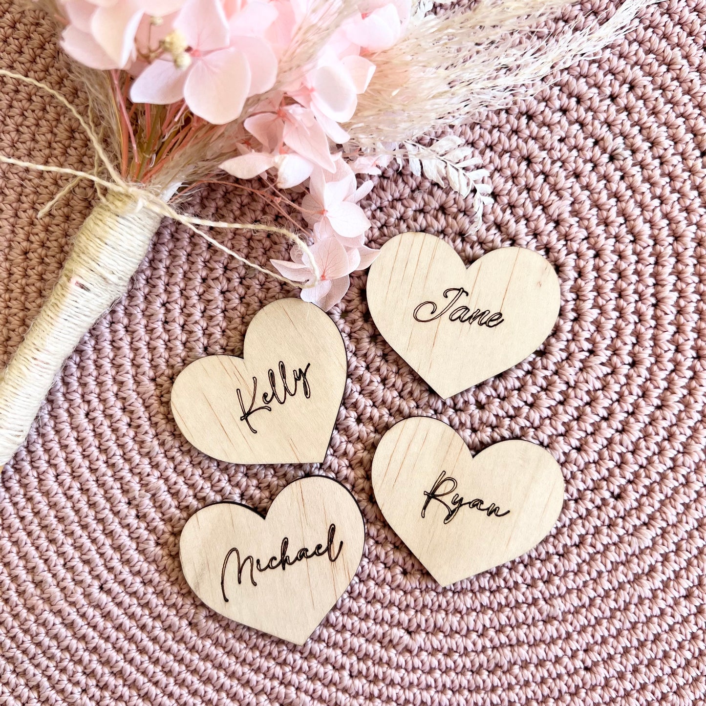 Rustic wood Heart shaped wedding table place cards engraved