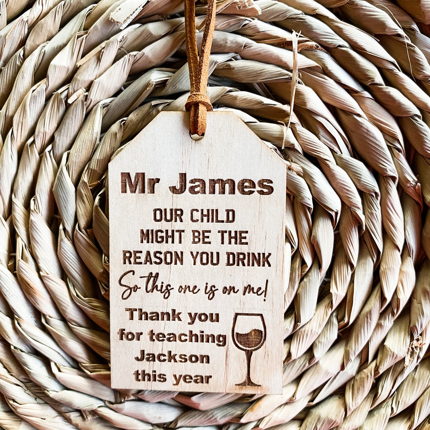 Teachers Rustic Wooden Engraved Wine Tag
