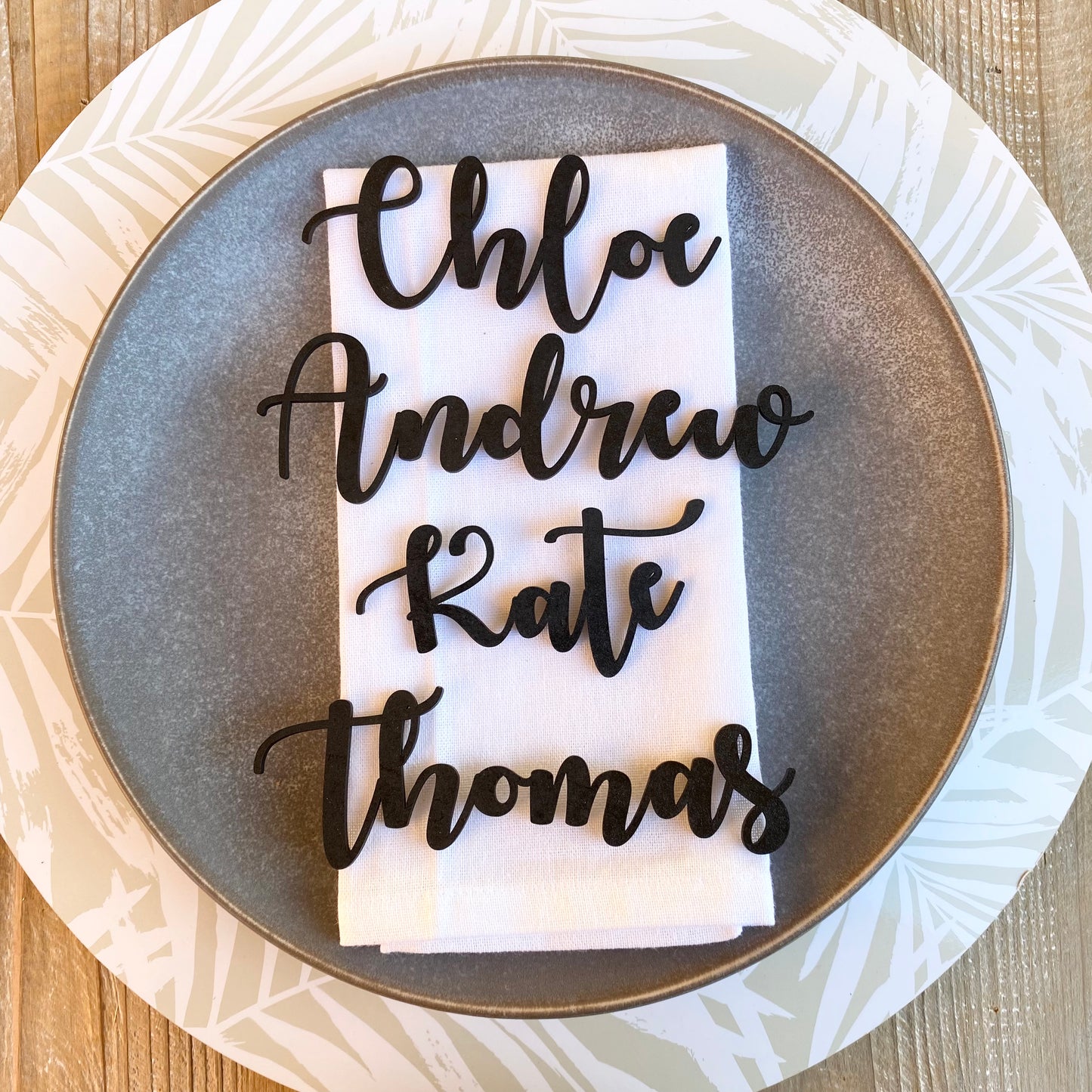 Wooden name place card table settings