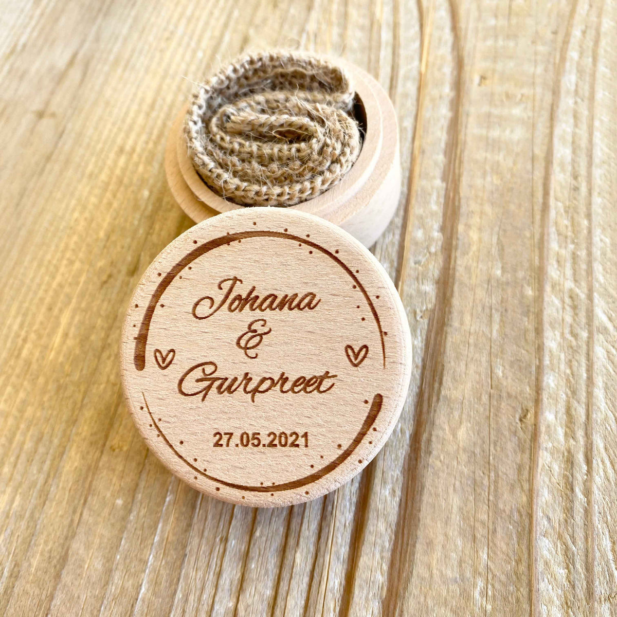 Wooden Round Ring Box Personalised Wood Engrave Wedding Rustic Hessian