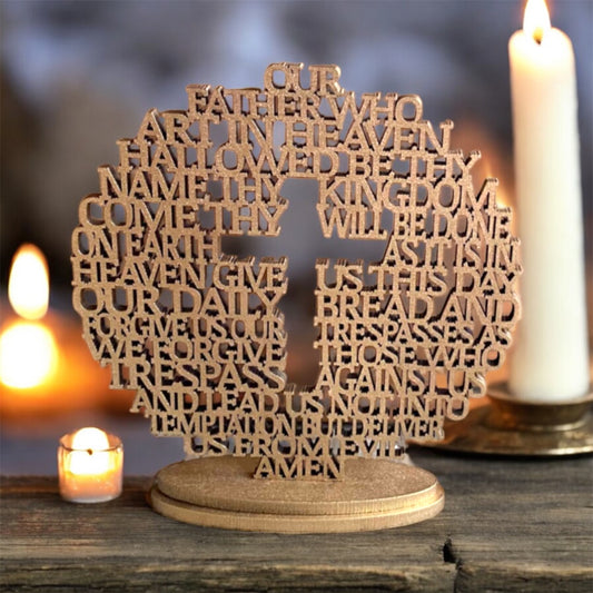 Our Father The Lord's Prayer MDF Wood Bomboniere gift Round Religious Mini Laser cut