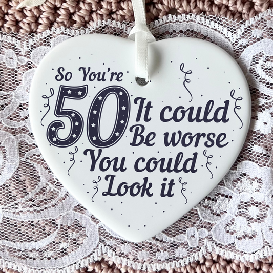 50th Birthday, Ceramic Heart Keepsake, Milestone Celebration, Unique Gift Idea, Personalised Keepsake, Special Occasion Gift, Heartfelt Present, Cherished Memory, Golden Jubilee, Thoughtful Gesture, Love and Friendship, Timeless Treasure, Birthday Gifts, Keepsake Ornament, Fifty, 50th