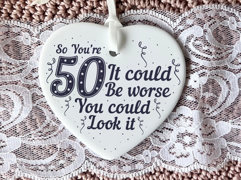 50th Birthday, Ceramic Heart Keepsake, Milestone Celebration, Unique Gift Idea, Personalised Keepsake, Special Occasion Gift, Heartfelt Present, Cherished Memory, Golden Jubilee, Thoughtful Gesture, Love and Friendship, Timeless Treasure, Birthday Gifts, Keepsake Ornament, Fifty, 50th