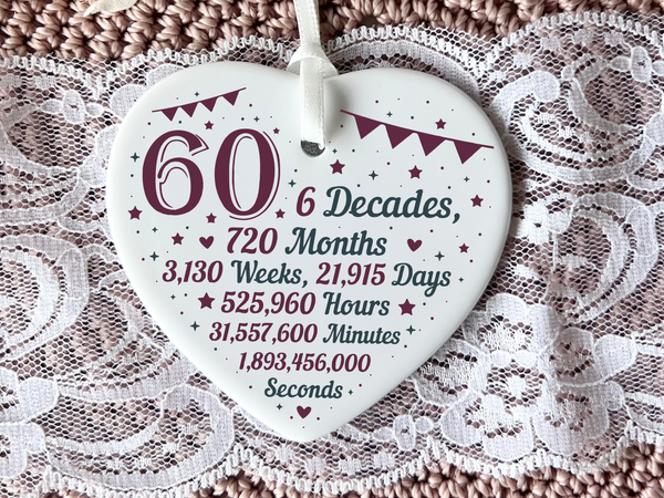 60th Birthday  
Ceramic Keepsake  
Heart-Shaped Gift  
Sixty Years  
Milestone Birthday  
Birthday Gifts  
Personalized Keepsake  
Anniversary Gift  
Celebration Gift  
Thoughtful Gesture  
Keepsake Memory  
Unique Gift Idea  
Cherished Keepsake