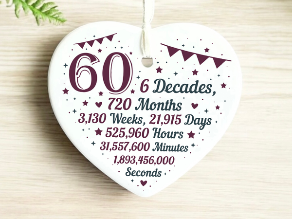 60th Birthday  
Ceramic Keepsake  
Heart-Shaped Gift  
Sixty Years  
Milestone Birthday  
Birthday Gifts  
Personalized Keepsake  
Anniversary Gift  
Celebration Gift  
Thoughtful Gesture  
Keepsake Memory  
Unique Gift Idea  
Cherished Keepsake