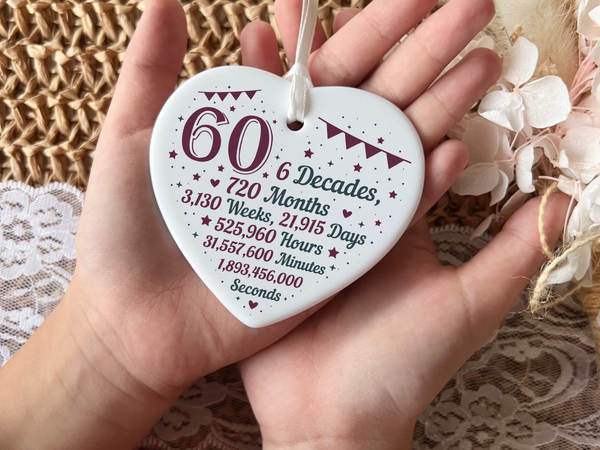 60th Birthday  
Ceramic Keepsake  
Heart-Shaped Gift  
Sixty Years  
Milestone Birthday  
Birthday Gifts  
Personalized Keepsake  
Anniversary Gift  
Celebration Gift  
Thoughtful Gesture  
Keepsake Memory  
Unique Gift Idea  
Cherished Keepsake