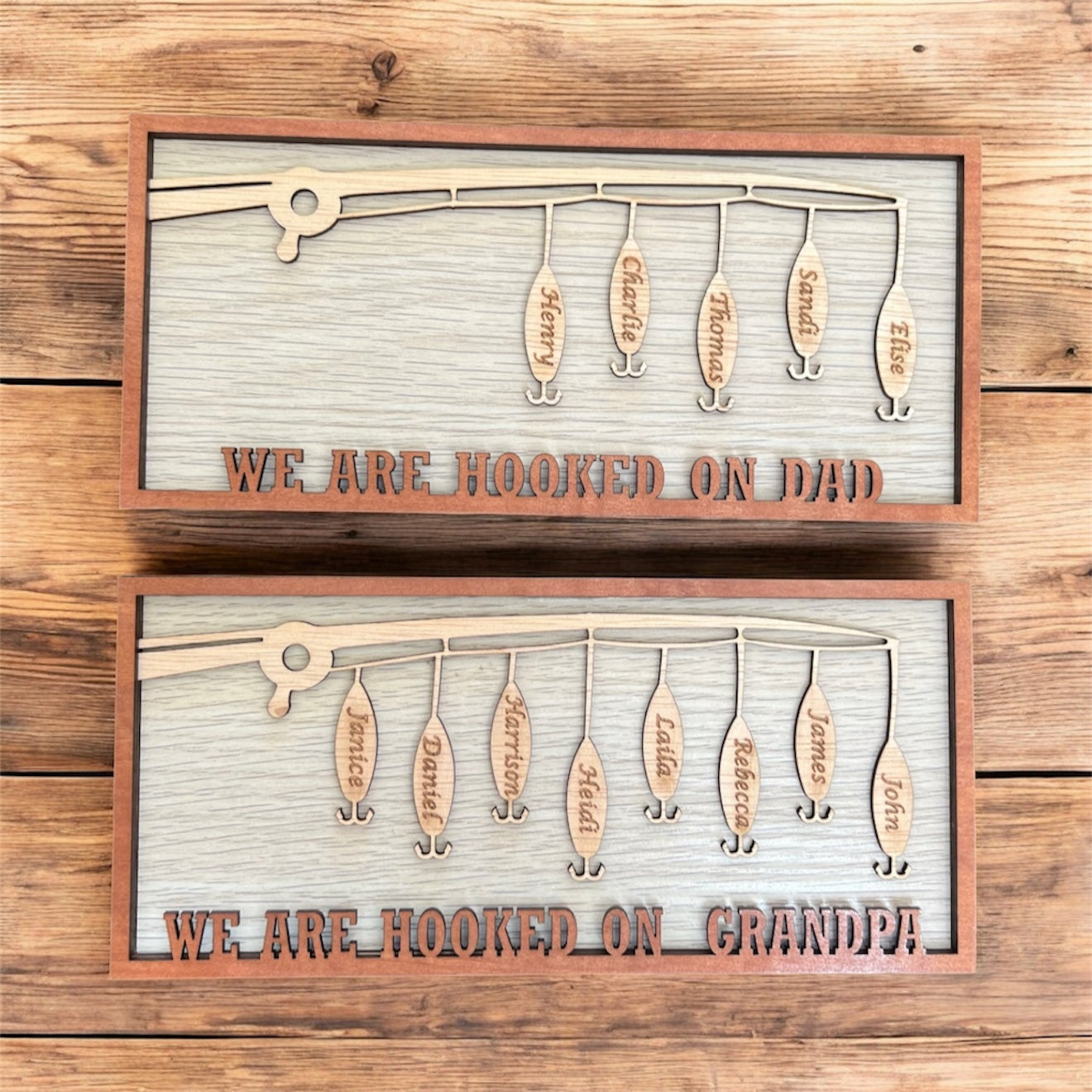 Hooked on Dad / Grandpa Personalised engraved wood plaque fishing frame