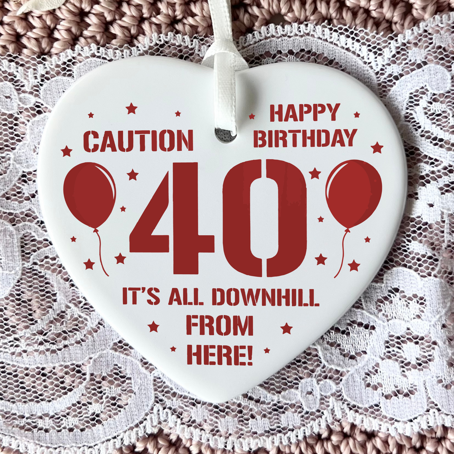 40th Birthday
Ceramic Keepsake
Funny Heart Gift
Forty
Birthday Gifts
Milestone Celebration
Unique Gift Ideas
Humorous Keepsake
Special Occasion
Heart-Shaped Ornament