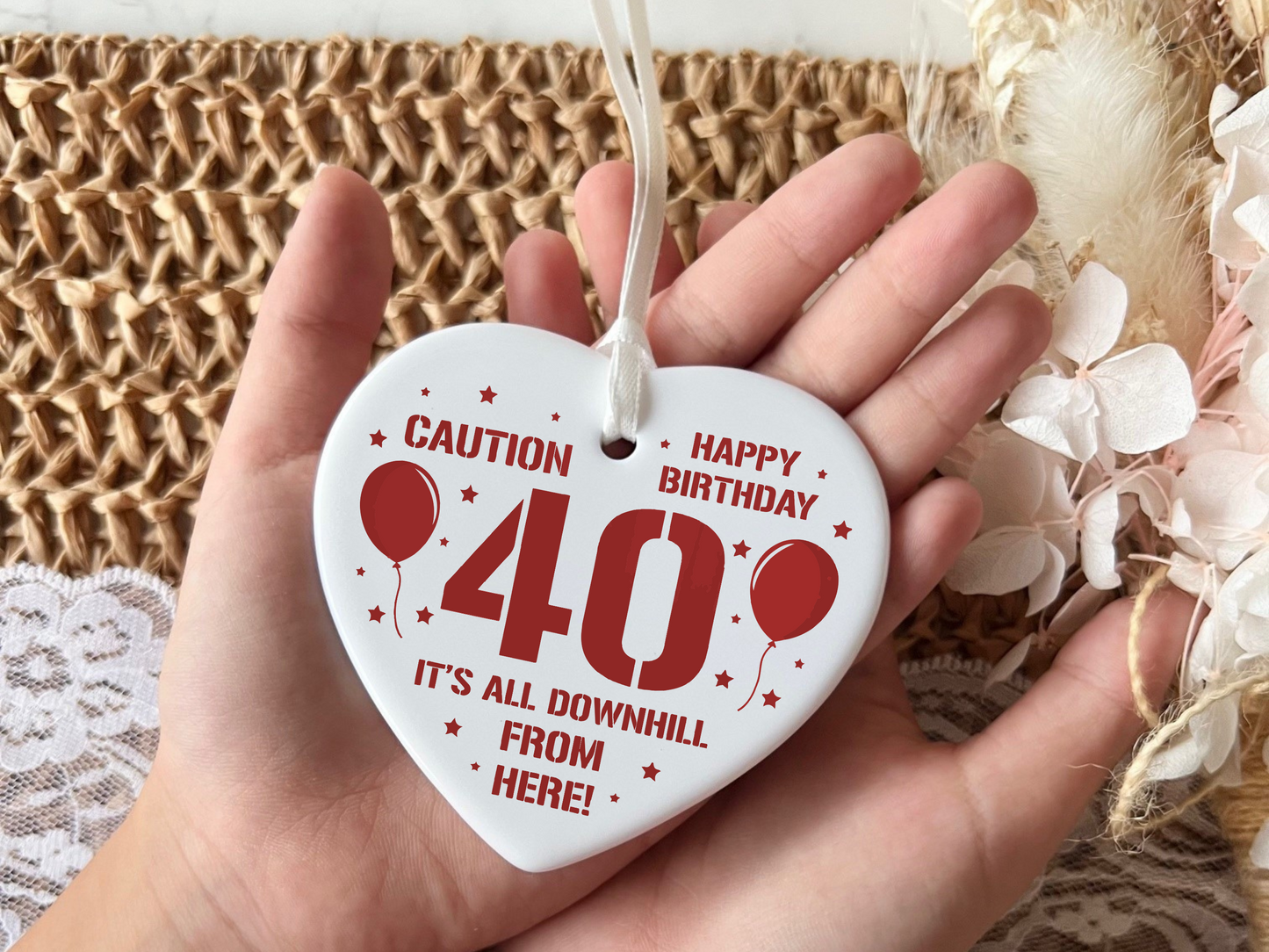 40th Birthday
Ceramic Keepsake
Funny Heart Gift
Forty
Birthday Gifts
Milestone Celebration
Unique Gift Ideas
Humorous Keepsake
Special Occasion
Heart-Shaped Ornament