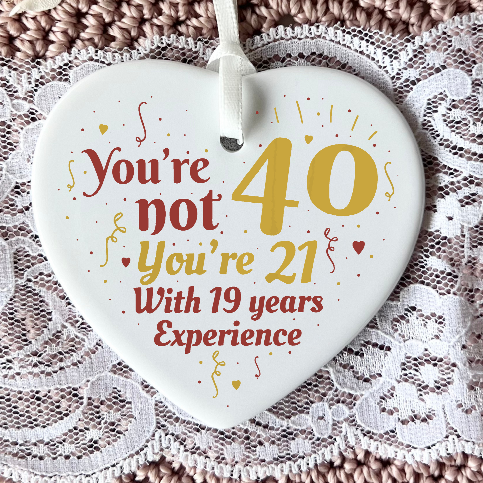 40th Birthday
Ceramic Keepsake
Funny Heart Gift
Forty
Birthday Gifts
Milestone Celebration
Unique Gift Ideas
Humorous Keepsake
Special Occasion
Heart-Shaped Ornament