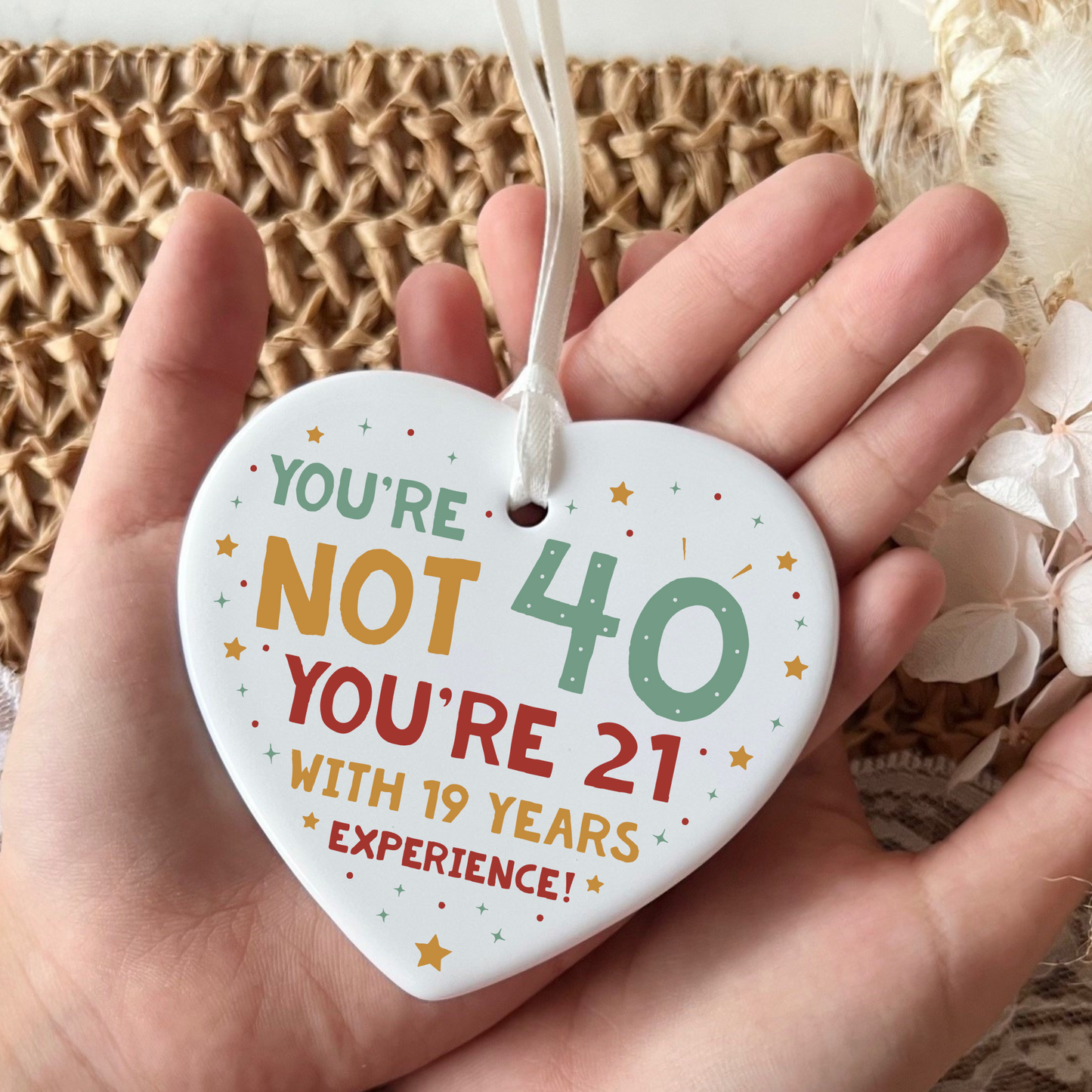 40th Birthday
Ceramic Keepsake
Funny Heart Gift
Forty
Birthday Gifts
Milestone Celebration
Unique Gift Ideas
Humorous Keepsake
Special Occasion
Heart-Shaped Ornament