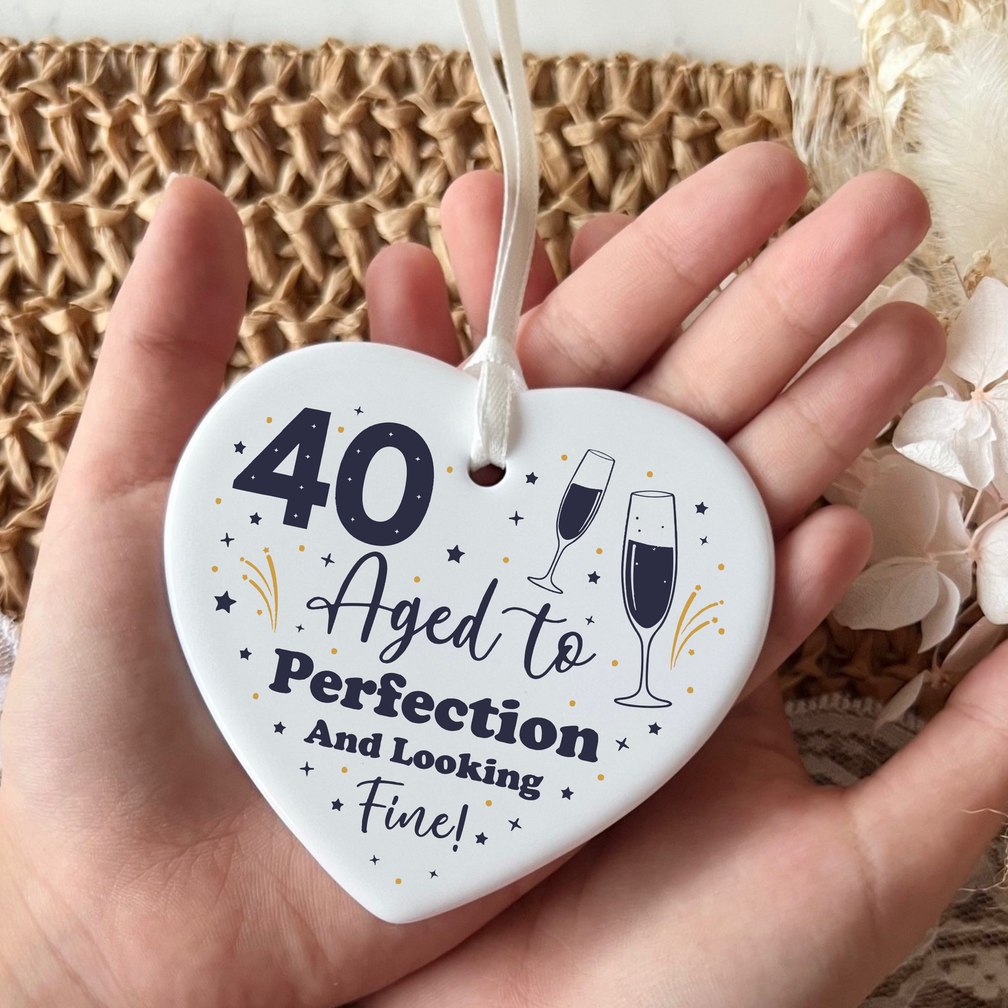 40th Birthday
Ceramic Keepsake
Funny Heart Gift
Forty
Birthday Gifts
Milestone Celebration
Unique Gift Ideas
Humorous Keepsake
Special Occasion
Heart-Shaped Ornament