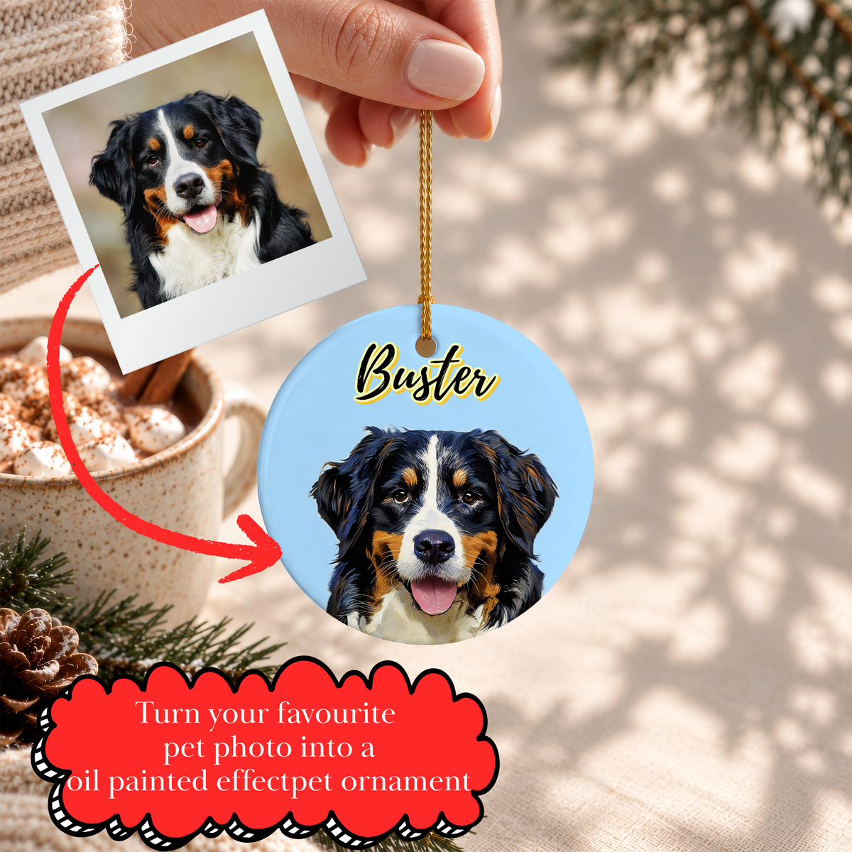 Custom Oil-Paint Effect Pet Portrait Ceramic Ornament | Personalised Dog & Cat Christmas Tree Decoration