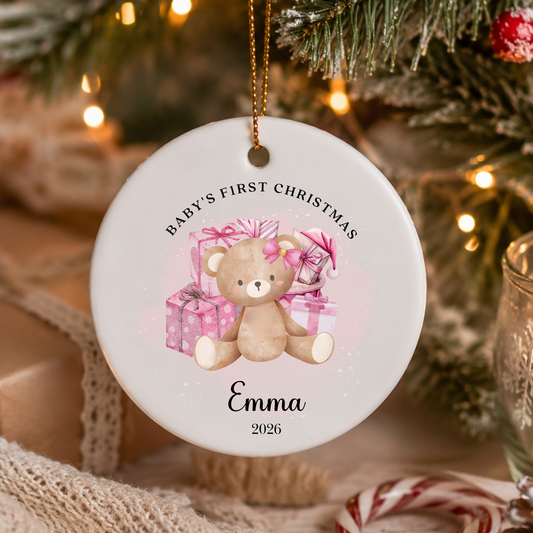 Personalised "Baby's First Christmas" Pink Teddy Bear Ceramic Ornament | Custom Baby Keepsake Gift
