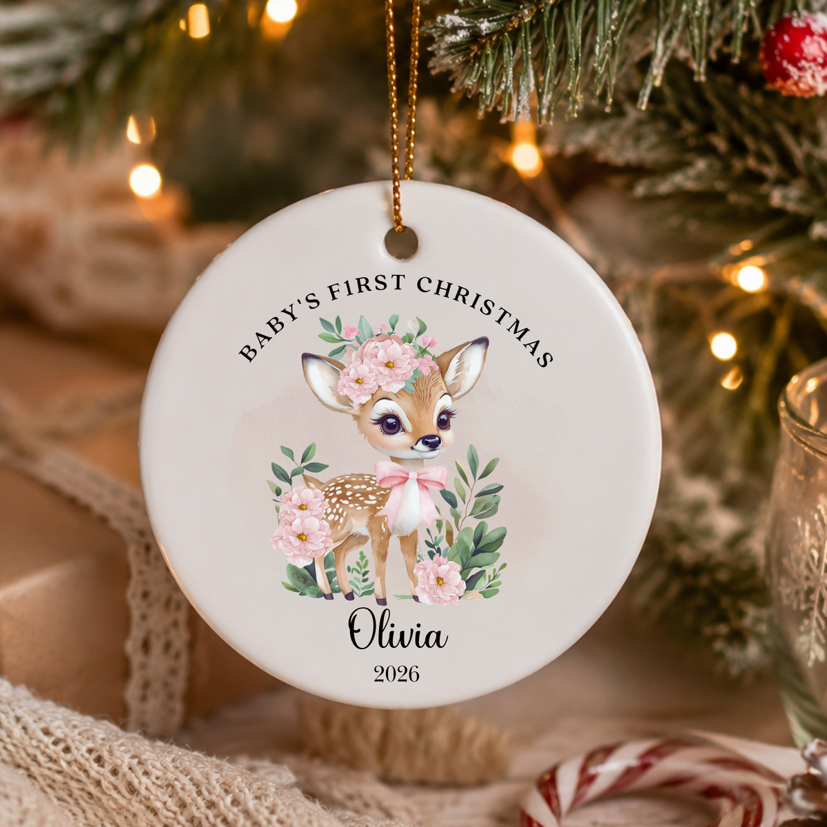 Personalised "Baby's First Christmas" Floral Deer Ceramic Ornament | Custom Baby Keepsake Gift