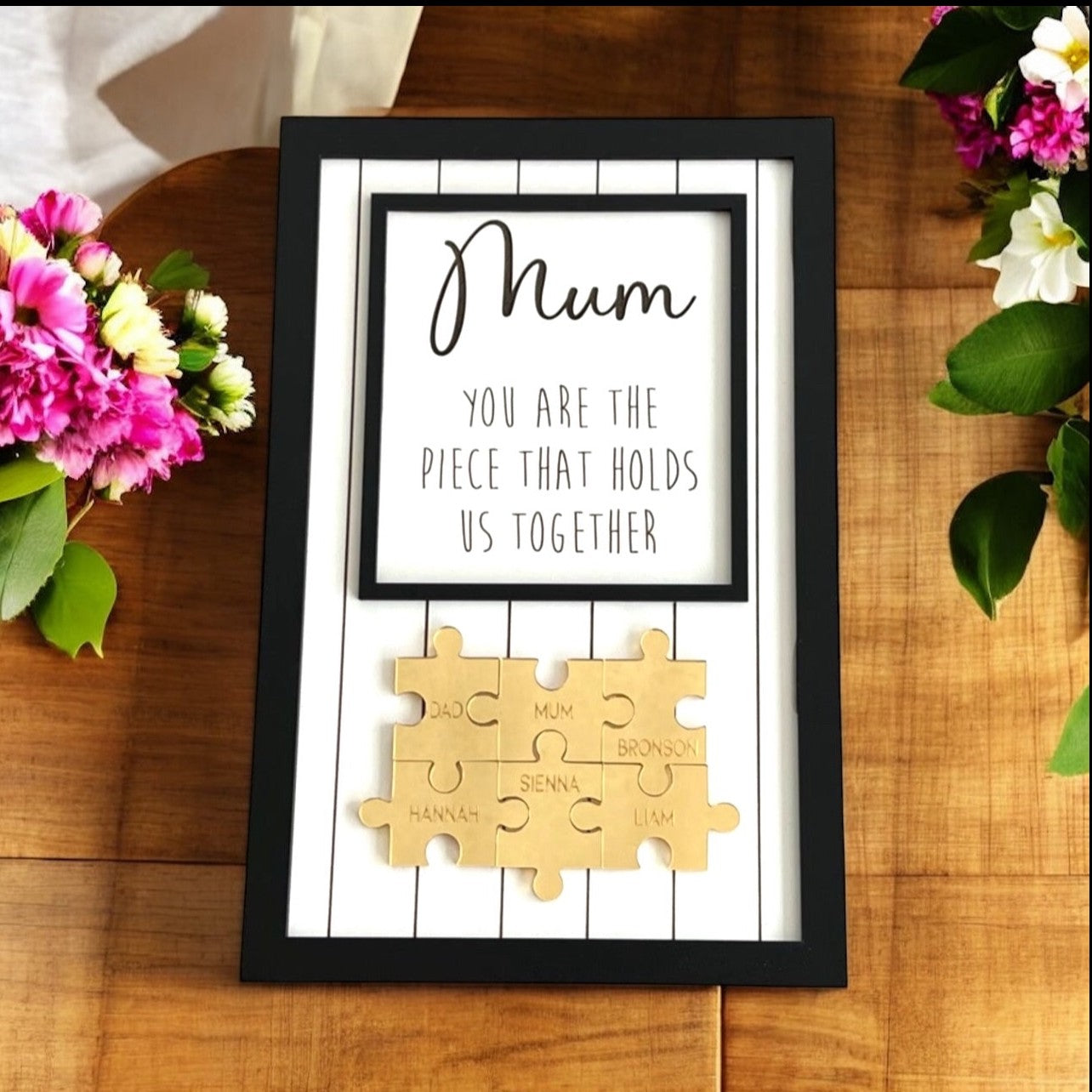 Personalised Mum frame Gold or Rose gold Jigsaw pieces black frame mothers day gift
