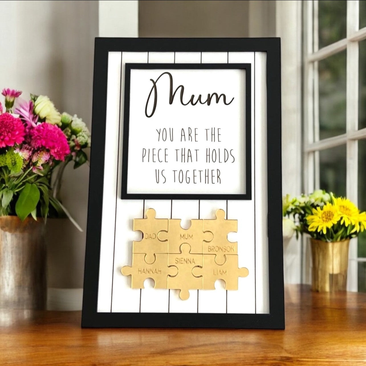 Personalised Mum frame Gold or Rose gold Jigsaw pieces black frame mothers day gift