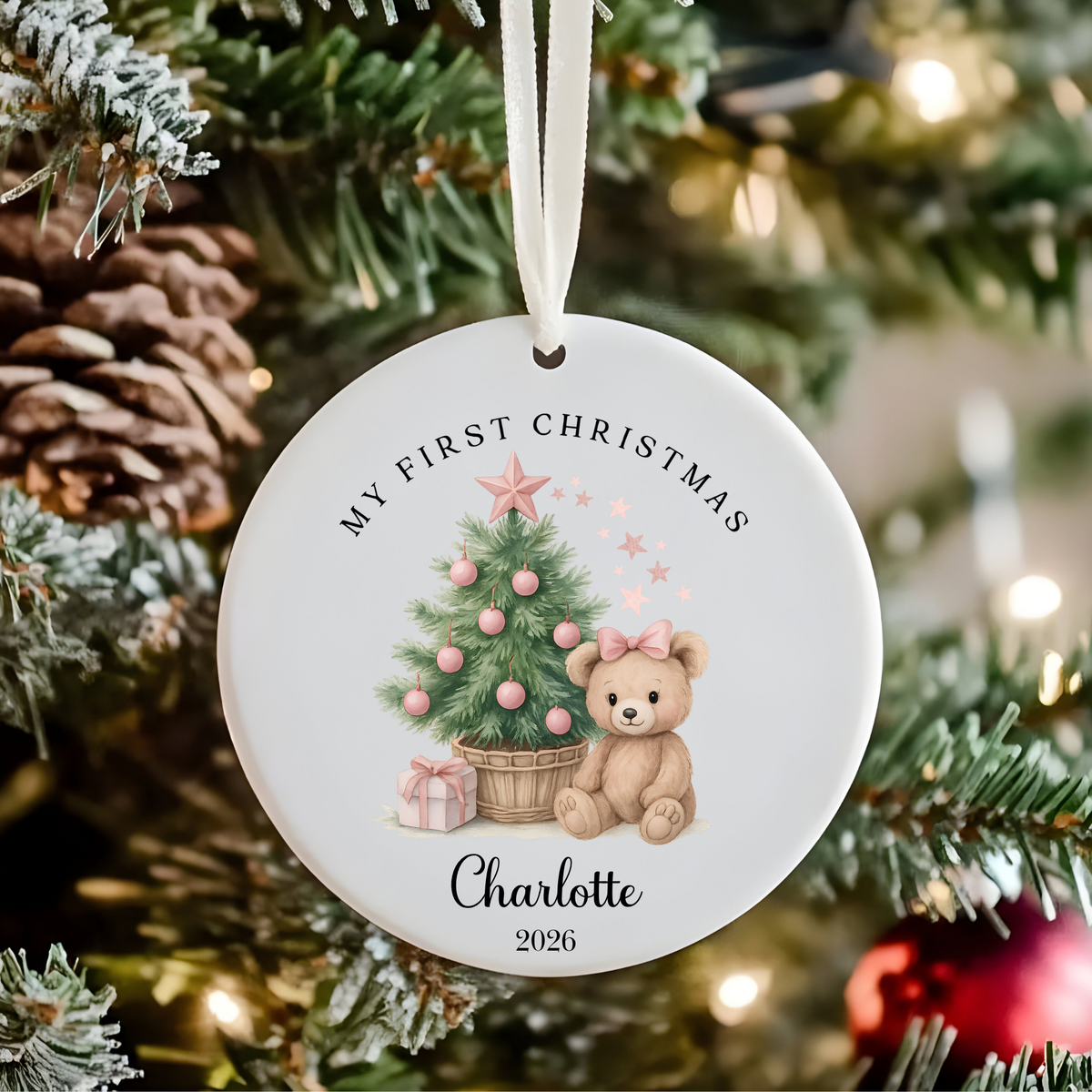 Personalised "My First Christmas" Christmas Tree Teddy Bear Ceramic Ornament | Custom Baby Keepsake Gift